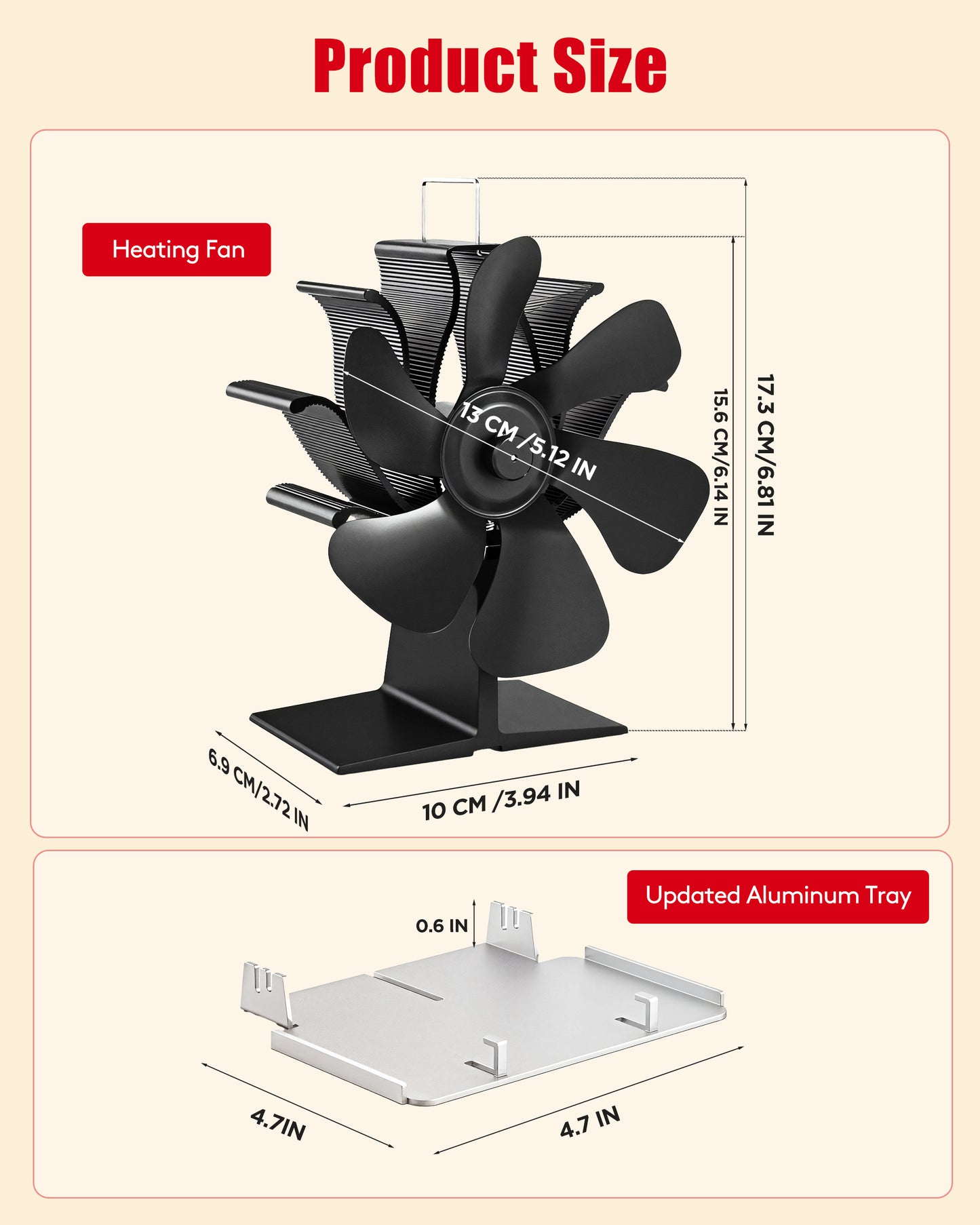 TITECK 6 blades Wood Stove Fan with Bracket Tray