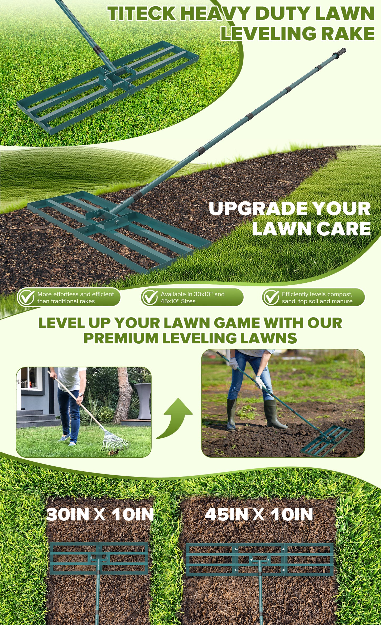 TITECK Lawn Leveling Rake with Adjustable Steel Handle